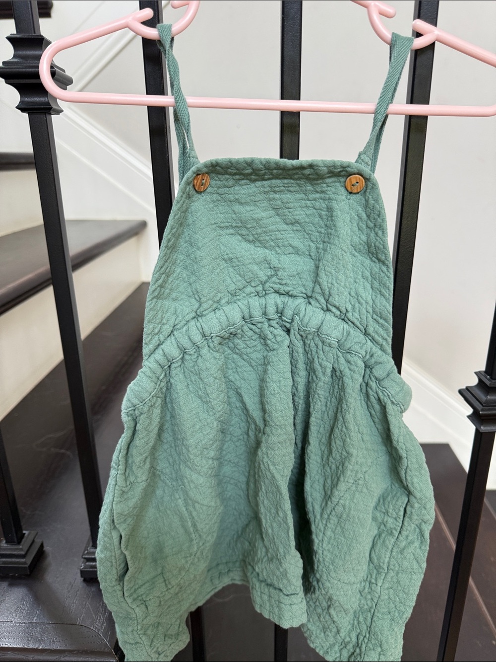 Zara Sage Green Textured Button-Front Pinafore Romper
